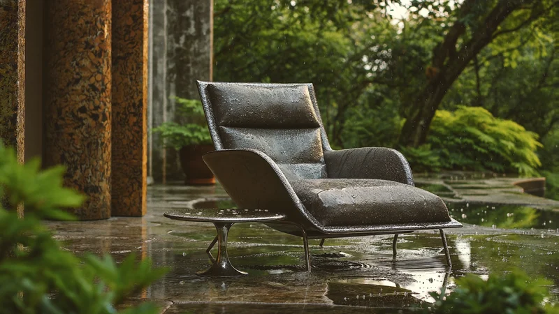 Illustrierter leerer Loungesessel mit Beistelltisch im Garten nach dem Regen